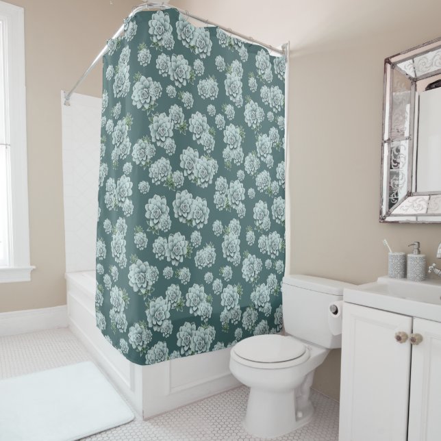 Mint Rosette Succulents Repeat Print on Pine Green Shower Curtain (In Situ)