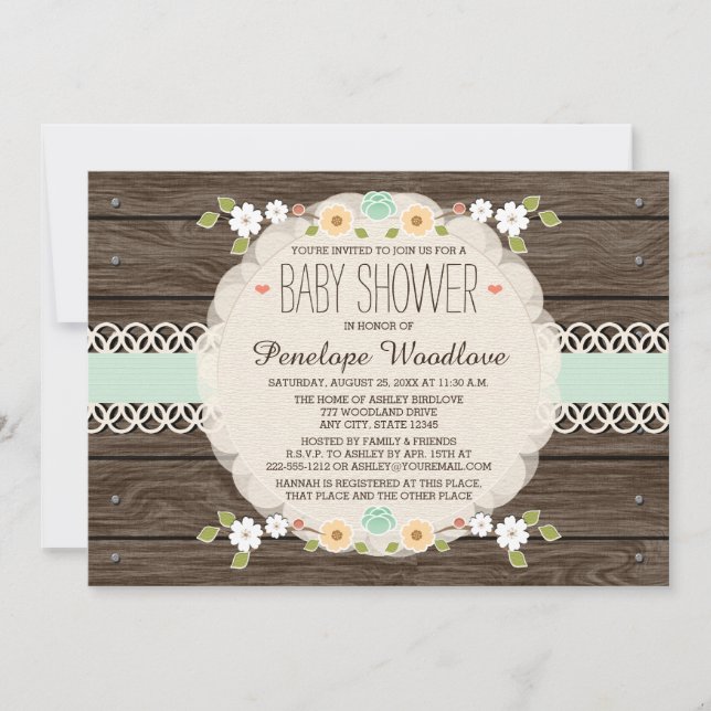 MINT RUSTIC FLORAL BOHO BABY SHOWER INVITATIONS (Front)