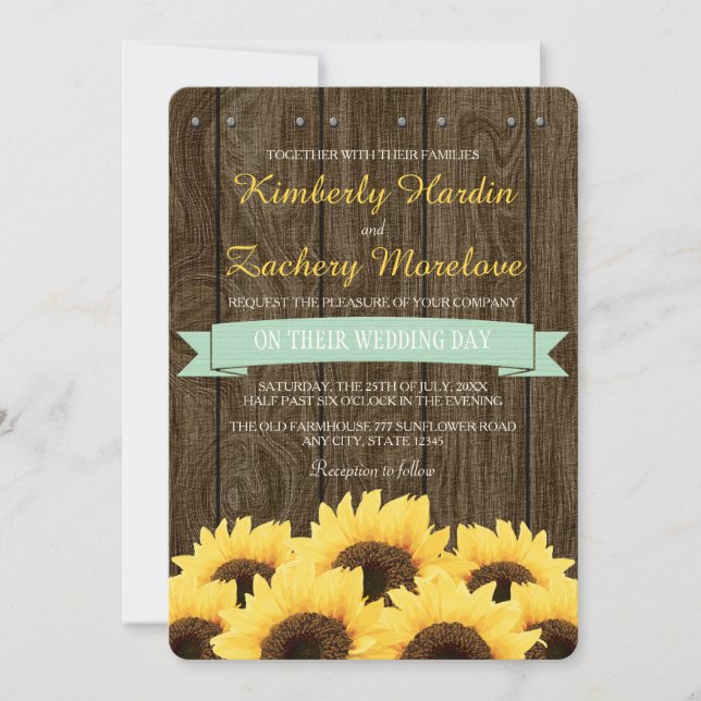 MINT RUSTIC SUNFLOWER WEDDING INVITATION (Front)