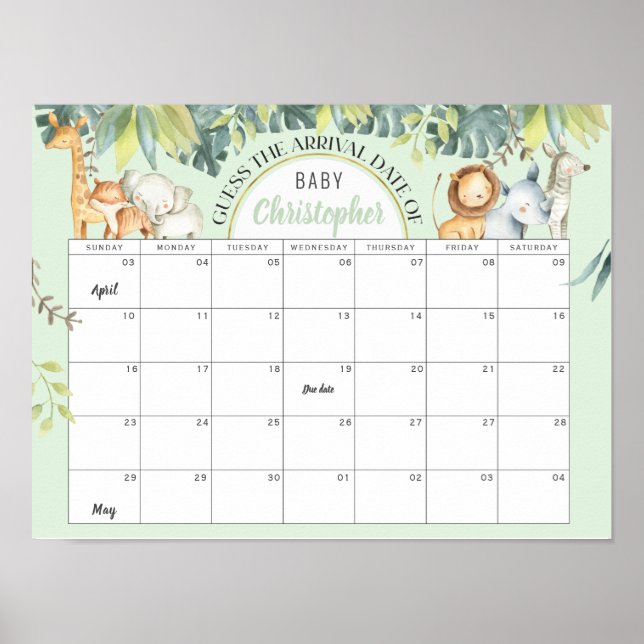  Mint safari cute jungle baby shower calendar game Poster (Front)