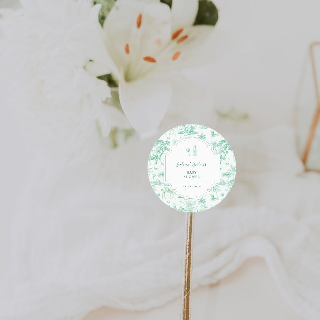 Mint Safari Toile de Jouy | Baby Shower Classic Round Sticker (Creator Uploaded)