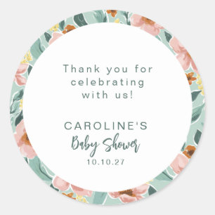 Mint Sage Pink Floral Custom Baby Shower Thank You Classic Round Sticker