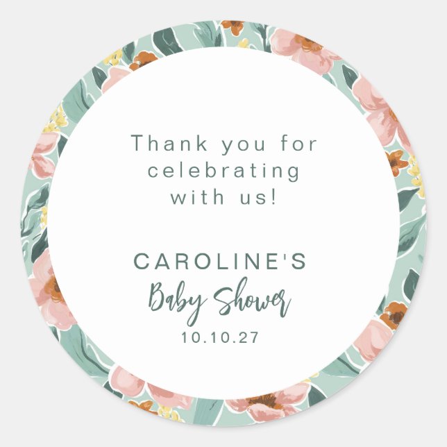 Mint Sage Pink Floral Custom Baby Shower Thank You Classic Round Sticker (Front)