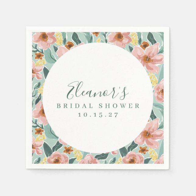 Mint Sage Pink Floral Script Bridal Shower Custom Napkin (Front)