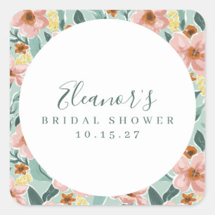 Mint Sage Pink Floral Script Bridal Shower Custom Square Sticker