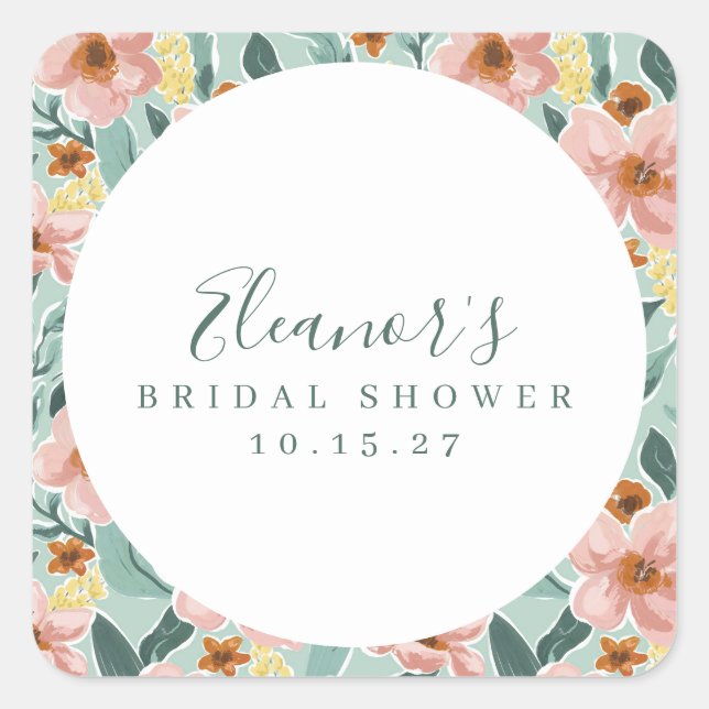 Mint Sage Pink Floral Script Bridal Shower Custom Square Sticker (Front)