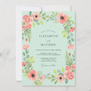 Mint Salmon Wreath Wedding Invitation