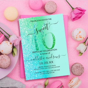 Mint Sea Green Blue Glitter Ombre Sweet 16 Invitation