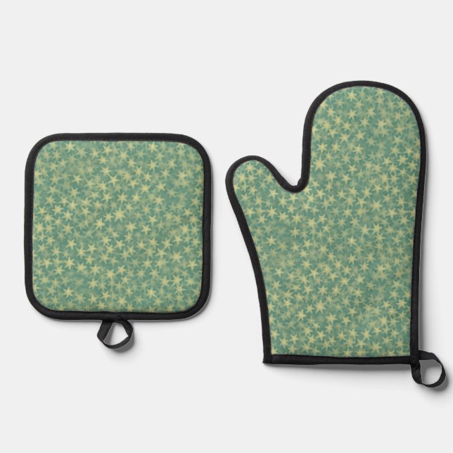 Mint Seafoam Starry Pattern Oven Mitt & Pot Holder Set (Front)