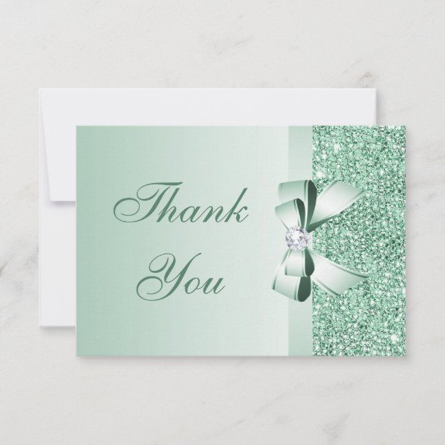 Mint Sequins, Bow & Diamond Thank You Wedding Card (Front)