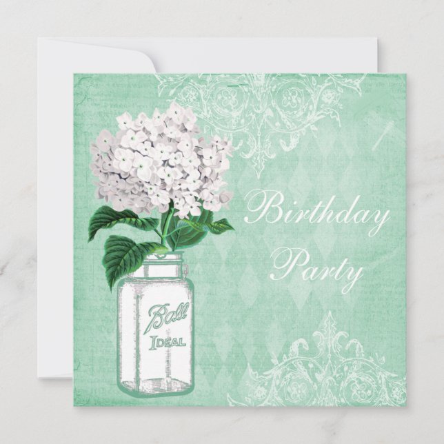 Mint Shabby Chic Jar & Hydrangea Birthday Party Invitation (Front)