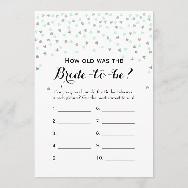 Mint Silver 2x Bridal Shower Game How Old | Advice Card (Front)