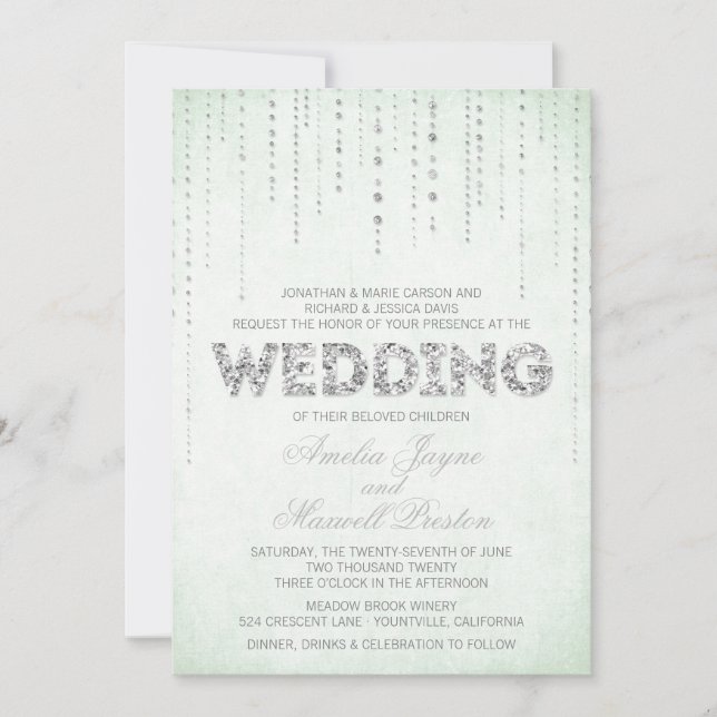 Mint & Silver Glitter Look Wedding Invitation (Front)