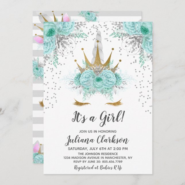 Mint, Silver & Gold Unicorn Princess Baby Shower Invitation (Front/Back)