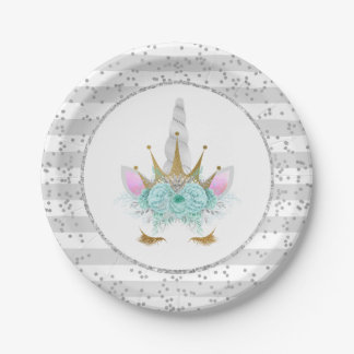 Mint, Silver & Gold Unicorn Princess Paper Plate