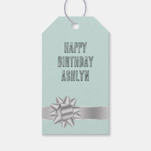 Mint Silver Ribbon Bow Birthday Gift Tags