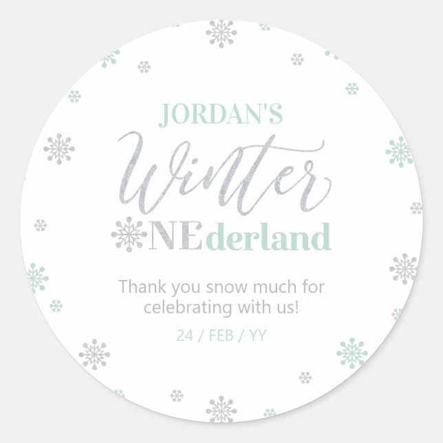 Mint Silver Winter onederland Thank you snow much Classic Round Sticker (Front)