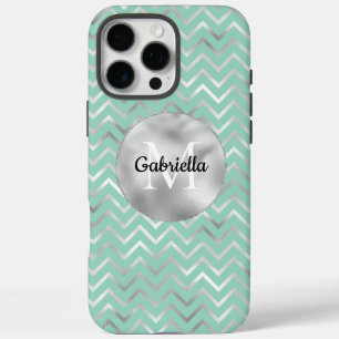 Mint Silver Zigzag Stripes Monogram iPhone 16 Pro Max Case