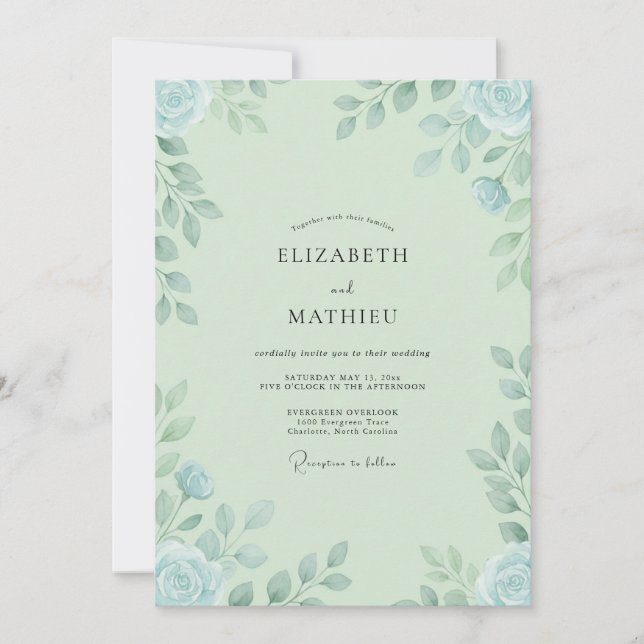 Mint Sky Blue Leafy Wedding Invitation (Front)