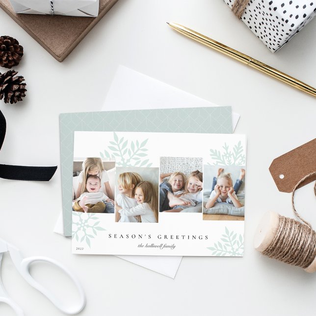 Mint | Snowdrop 4 Photo Collage Holiday Card (Creator Uploaded)