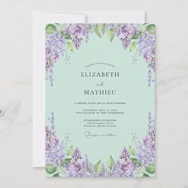 Mint Soft Lilac Wisteria Wedding Invitation (Front)