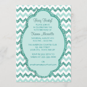 Mint Sparkle Chevron Womans 40th Birthday Party Invitation