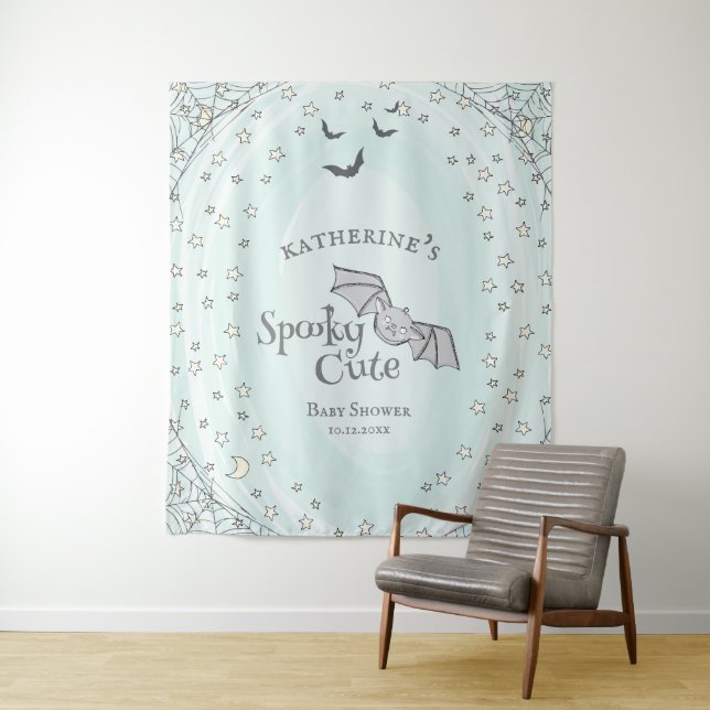 Mint Spooky Cute Halloween Baby Shower Backdrop Tapestry (In Situ)