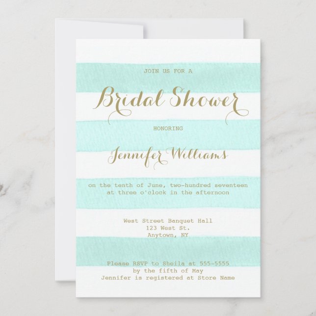 Mint stripe gold script bridal shower invitations (Front)