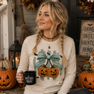 Mint Stripes & Bow with Jack-o-Lanterns Halloween Tri-Blend Shirt