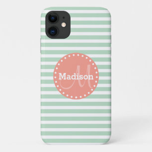 Mint Stripes Coral Monogram Case-Mate iPhone Case