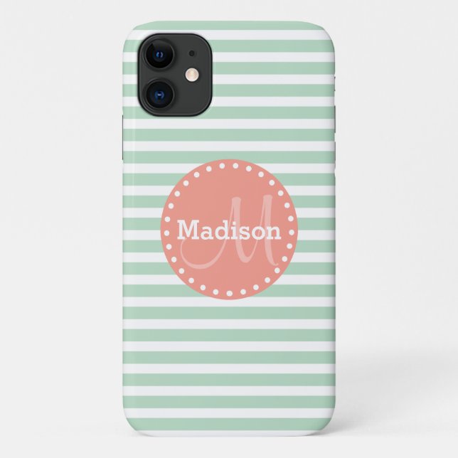 Mint Stripes Coral Monogram Case-Mate iPhone Case (Back)