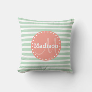 Mint Stripes Coral Monogram Cushion