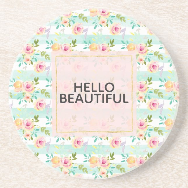 Mint Stripes Floral Chic Coaster (Front)