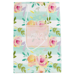Mint Stripes Floral Chic Medium Gift Bag