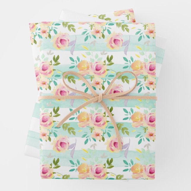Mint Stripes Floral Chic Wrapping Paper Sheet (In situ)