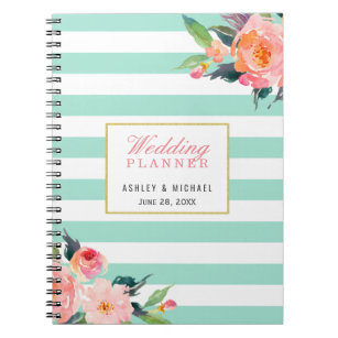 Mint Stripes Floral Wedding Planner Guestbook Spiral Notebook