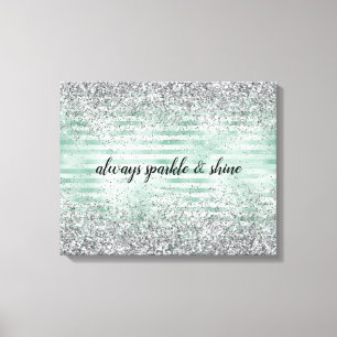 Mint Stripes Glam Glitz Silver Glitter Canvas Print