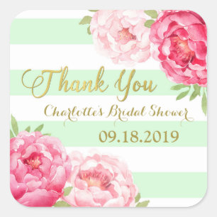 Mint Stripes Gold Pink Floral Bridal Shower Square Sticker