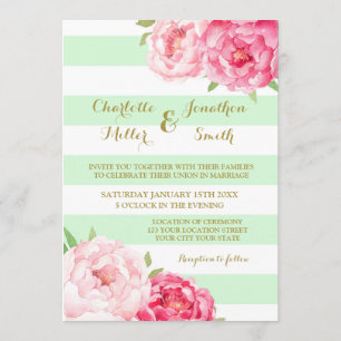 Mint Stripes Gold Pink Flowers Wedding Invitations