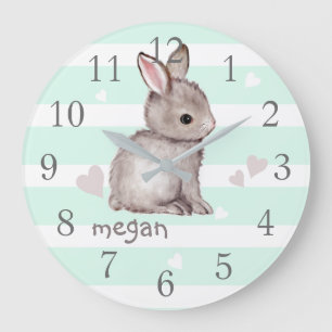 Mint Stripes Grey Bunny Nursery Wall Clock