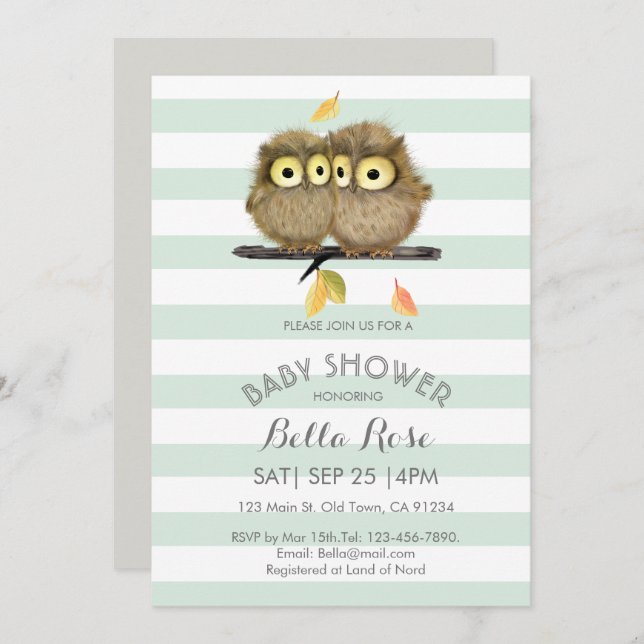 Mint Stripes Grey Owl Baby Shower Invitations (Front/Back)