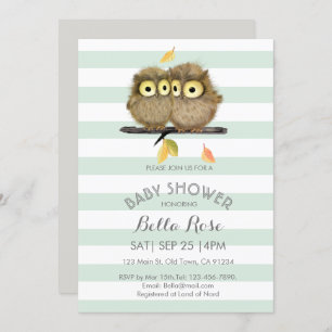 Mint Stripes Grey Owl Baby Shower Invitations
