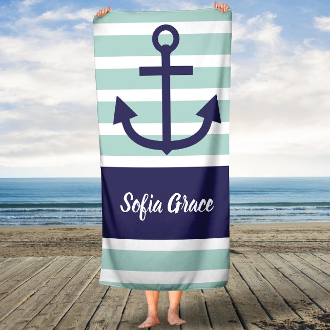 Mint Stripes Navy Anchor Script Name Bath Towel (Creator Uploaded)