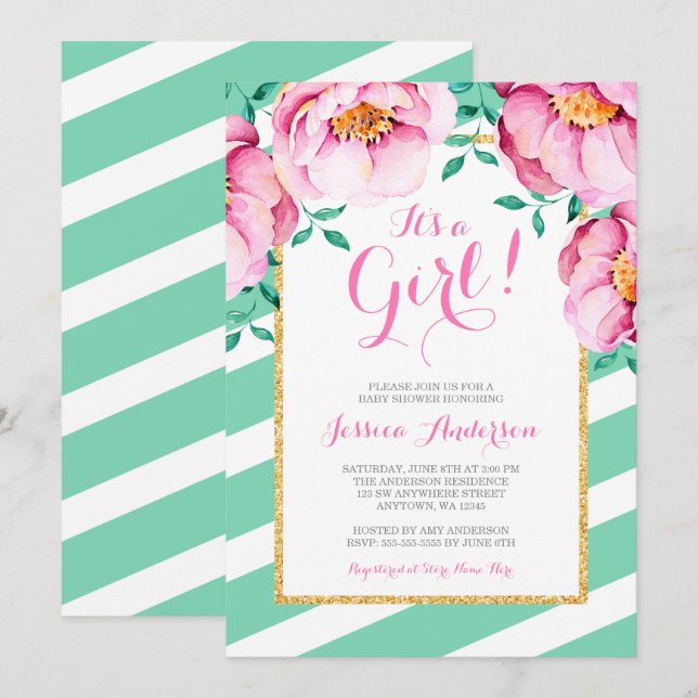 Mint Stripes Pink Watercolor Floral Baby Shower Invitation (Front/Back)
