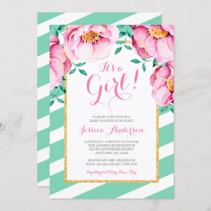 Mint Stripes Pink Watercolor Floral Baby Shower Invitation