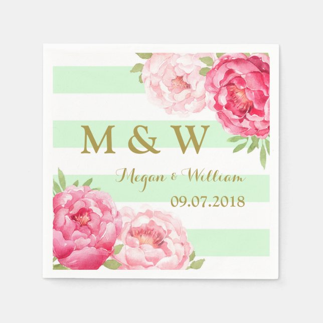 Mint Stripes Pink Watercolor Wedding Monogram Napkin (Front)