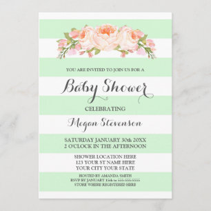 Mint Stripes Watercolor Floral Baby Shower Invitation