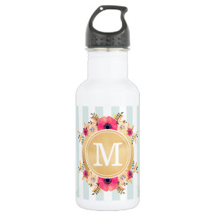 Mint Stripes Watercolor Flowers Faux Gold Monogram 532 Ml Water Bottle