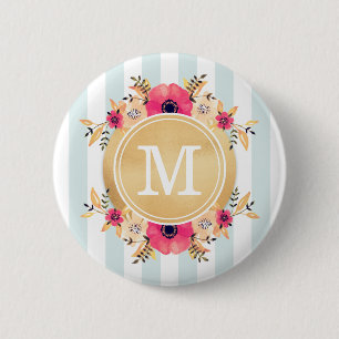 Mint Stripes Watercolor Flowers Faux Gold Monogram 6 Cm Round Badge