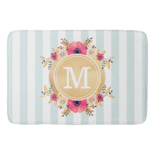 Mint Stripes Watercolor Flowers Faux Gold Monogram Bath Mat